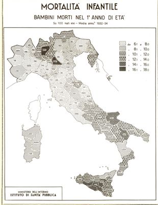 Cartogramma riguardante la mortalità infantile. Bambini nel 1° anno di età