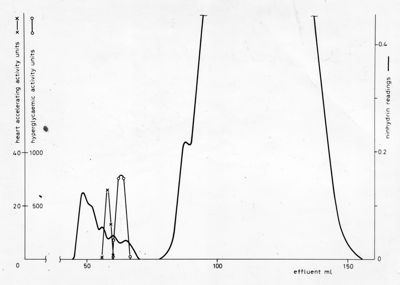 Grafico su uno studio  della relazione tra il reagente ninhydrin e l'attività cardiaca associata all'attività iperglicemica -  Asse ordinate: unità per attività cardiaca e per reagente ninhydrin; asse ascisse: effluente in ml