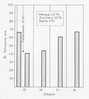 Grafico da uno studio probabilmente su esche contenenti esametilfosforammide (HEMPA) (sterilizzante) in relazione all'effetto sulla schiusa delle uova di mosca. Percentuale schiusura uova nel mese di ottobre. Hempa 2.5 %; Zucchero 20%; Malto 2%