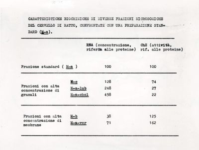 Tabella riguardante le caratteristiche biochimiche di diverse frazioni del cervello di ratto, ecc. e centrifugazione in gradiente di densità