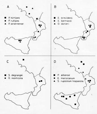 Schema che riporta la distribuzione di 11 specie di Ditteri Simulidi in Calabria e in Sicilia