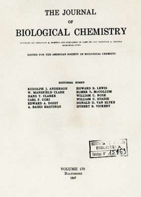 Frontespizio della Rivista: The journal of Biological Chemistry. Sul film segue l'articolo