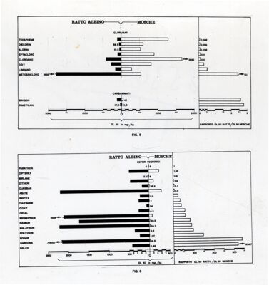 Grafici relativi a prove di efficacia comparata rispetto a diversi principi attivi insetticidi (esteri fosforici e clorurati) su mosche e ratti di laboratorio