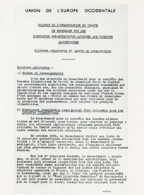 Articolo tratto da l'"Union de L'Europe Occidentale" Travaux de l'organisation du traite de Bruxelles sur les substances non-nutritives ajoutees aux produits alimentaires