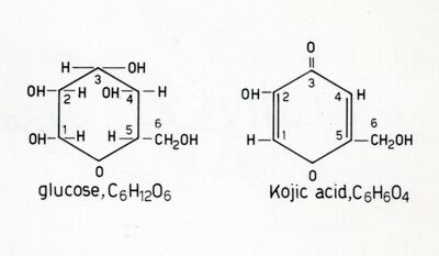 Formule del glucosio e dell' acido koico