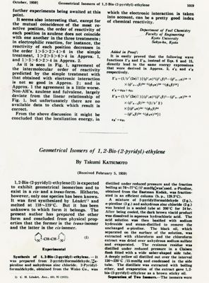 Prima pagina dell'articolo Geometrical Isomers of 1,2-Bis-(2-pyridyl)-ethylene, di Takumi Katsumo, 1959