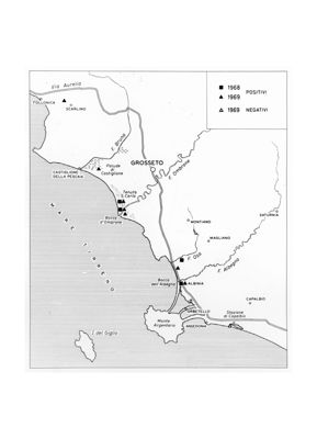 Carta topografica del territorio circostante la foce dell'Ombrone (Grosseto), con l'indicazione di siti di cattura positivi e negativi, di insetti (probabilmente mosche)