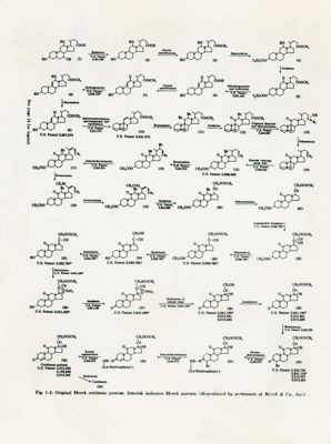 Fig. 1-5 Processo originale Merck del cortisone. L'asterisco indica i brevetti Merck.