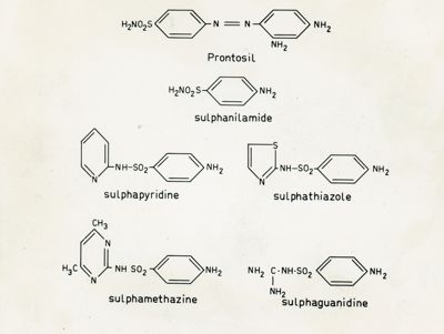 Formule di struttura di Prontosil, Sulfanilamide, Sulfapiridina, Sulfatiazolo, Sulphametazina e Sulfaguanidina