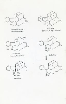 Formule di struttura di Pseudostricnina, Stricnina, Vomicina, Diabolina, Retulina