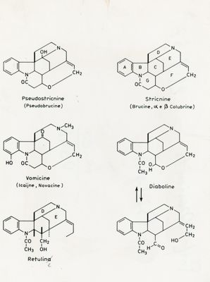 Formule di struttura di Pseudostricnina, Stricnina, Vomicina, Diabolina, Retulina