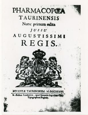 Frontespizio della "Pharmacopoea Taurinensis nunc primura edita jussu Augustissimi Regis" (1736)