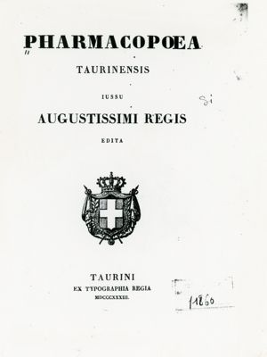 Frontespizio della "Pharmacopoea Taurinensis jussu Augustissimi Regis edita" (1833)