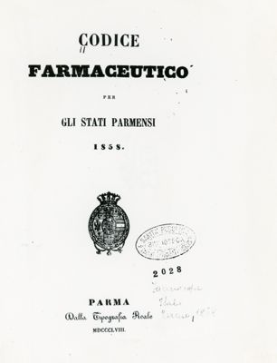 Frontespizio del "Codice Farmaceutico per gli Stati Parmensi" (1858)