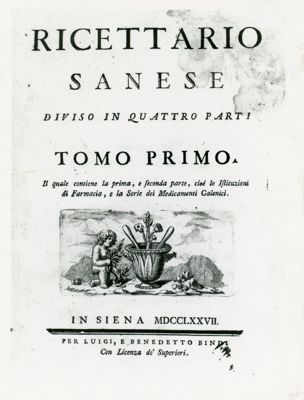 Frontespizio del "Ricettario sanese diviso in quattro parti (Tomo primo)" (1777)