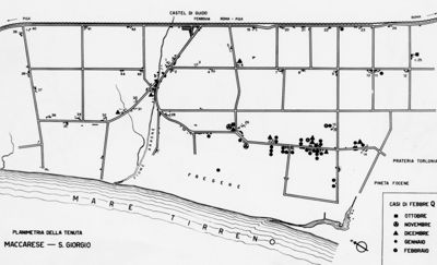 Pianta topografica di Maccarese - S. Giorgio (Roma) con focolai di febbre Q..