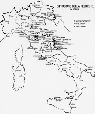 Cartogramma riguardante la diffusione della febbre Q in Italia