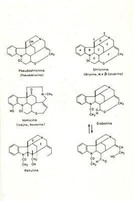 Formule di struttura di Pseudostricnina, Stricnina, Vomicina, Diabolina, Retulina