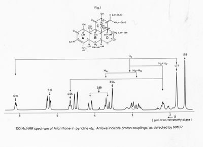 100 Mc NMR spectrum of Ailanthone in pyridine-d6. Arrows indicate proton couplings as detected dy NMDR