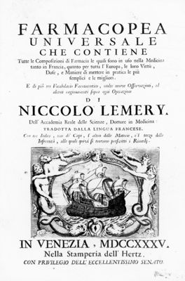 Frontespizio del testo "Farmacopea Universale" di Nicolò Lemery (1735)