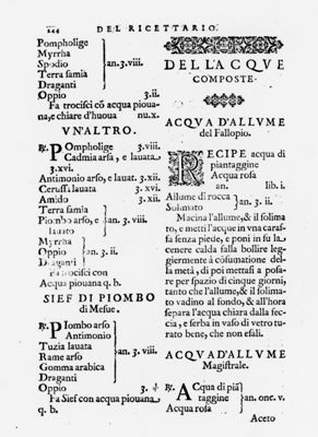 Pagina sul Ricettario dell'Acque Composte tratta dal "Ricettario Fiorentino Di Nuovo Illustrato" (1623)