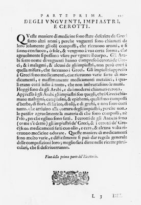 Paragrafo "Parte Prima. Degli Unguenti, Impiastri e Cerotti" tratto dal "Ricettario Fiorentino Di Nuovo Illustrato" (1623)