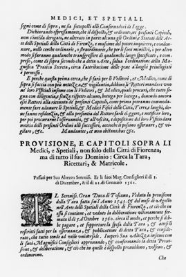 Paragrafi "Medici Et Spetiali" e "Provisione e Capitoli sopra Li Medici e Spetiali, non solo della Città di Fiorenza ma di tutto il suo dominio circa la Tara, Ricettari e Matricole" tratti dal "Ricettario Fiorentino Di Nuovo Illustrato" (1623)