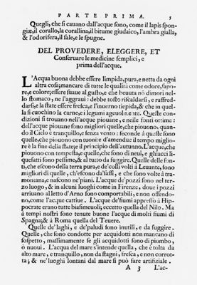 Paragrafo "Del Provedere, Eleggere et Confermare le medicine semplici e prima delle acque" tratto dal "Ricettario Fiorentino Di Nuovo Illustrato" (1623)