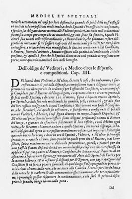 Paragrafi "Medici Et Spetiali" e "Dell'obligo de' Venditori e Medico circa le dispense e le composizioni. Cap. IIII" tratti dal "Ricettario Fiorentino Di Nuovo Illustrato" (1623)