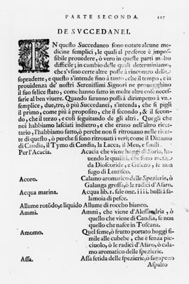 Paragrafo "Parte Prima, De Succedanei" tratto dal "Ricettario Fiorentino Di Nuovo Illustrato" (1623)