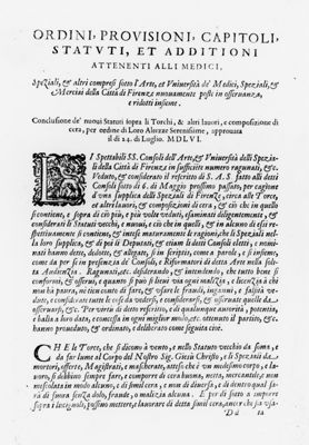 Paragrafo "Ordini, Provisioni, Statuti et Additioni Attenenti alli Medici" tratto dal "Ricettario Fiorentino Di Nuovo Illustrato" (1623)