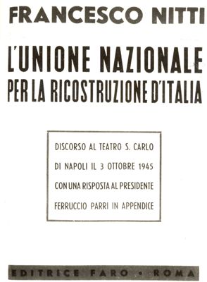 Frontespizio di un fascicolo "Francesco Nitti - L'UNIONE NAZIONALE PER LA RICOSTRUZIONE D'ITALIA"