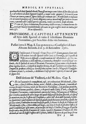 Paragrafo "Provisione e Capitoli Attenenti all'Arte delli Speziali di tutto il felicissimo Dominio Fiorentino, per beneficio della vita humana" tratto dal "Ricettario Fiorentino Di Nuovo Illustrato" (1623)