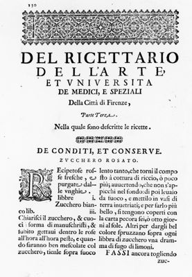 Capitolo "Del Ricettario dell'Arte et Università De Medici e Speziali della Città di Firenze. Parte Terza. Nella quale sono descritte le ricette De Conditi et Conserve. Zucchero Rosato" tratto dal "Ricettario Fiorentino Di Nuovo Illustrato" (1623)