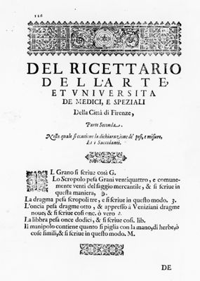 Capitolo "Del Ricettario dell'Arte et Università De Medici e Speziali della Città di Firenze. Parte Seconda. Nella quale si contiene la dichiarazione de' pesi e misure Et i Succedanti" tratto dal "Ricettario Fiorentino Di Nuovo Illustrato" (1623)