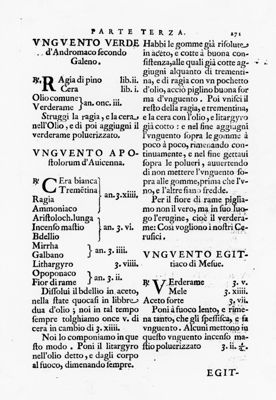 Paragrafi "Unguento Verde d'Andromaco secondo Galeno", "Unguento Apostolorum d'Auicenna" e "Unguento Egittiaco di Mefue" tratti dal "Ricettario Fiorentino Di Nuovo Illustrato" (1623)