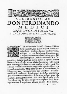 Presentazione del "Ricettario Fiorentino Di Nuovo Illustrato" (1623) al Serenissimo Don Ferdinando Medici Gran Duca di Toscana