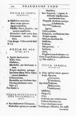 Pagina che indica alcune preparazioni farmaceutiche (pilulae) tratta dal testo "Pharmacopoeia Londinensis in Qua Medicamenta Antique et Nova" (1639)