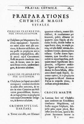 Prima pagina del capitolo "Praeparationes Chymicae Magis Usuales" tratta dal testo "Pharmacopoeia Londinensis in Qua Medicamenta Antique et Nova" (1639)