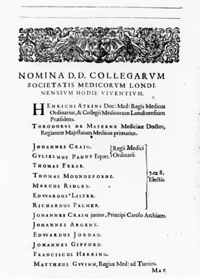 Pagina sulla "Nomina D.D. Collegarum Societatis Medicorum Londinensium Hodie Viventium" tratta dal testo "Pharmacopoeia Londinensis in Qua Medicamenta Antique et Nova" (1639)