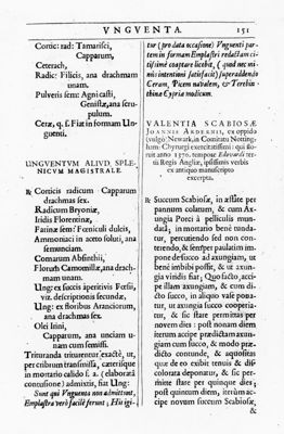 Pagina del capitolo "Unguenta" tratta dal testo "Pharmacopoeia Londinensis in Qua Medicamenta Antique et Nova" (1639)