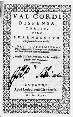 Frontespizio del testo "Val Cordi Dispensa Torium sive Pharmacorum conficiendorum ratio" (1571)