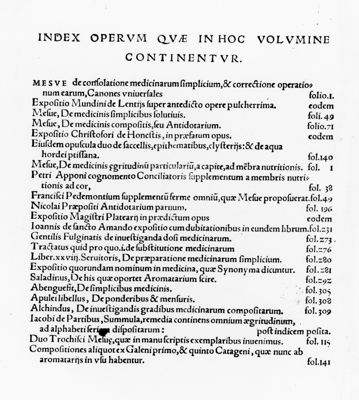 "Index operum que in hoc volumine continentur" tratto dal testo "Opera Divi Ioannis Mesue" (1541)