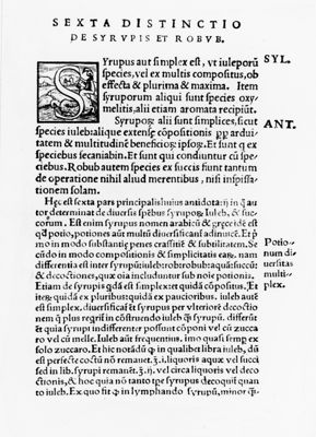 Prima pagina del capitolo "Sexta distinctio de syrupis et robub" tratto dal testo "Opera Divi Ioannis Mesue" (1541)