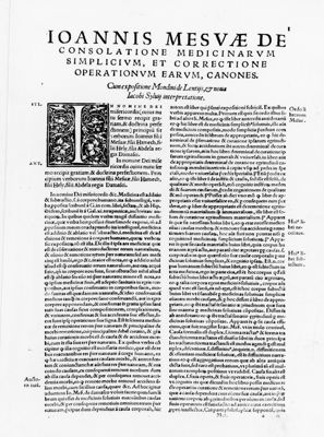 Pagina tratta dal testo "Ioannis Mesuae De' Consolatione medicinarum simplicium et correctione operationum earum, canones"