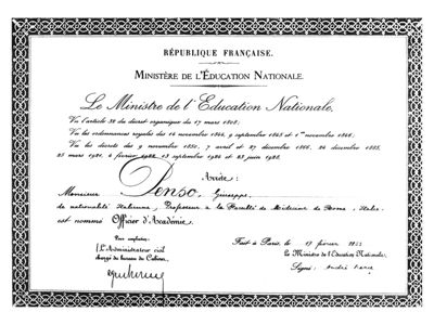 Nomina di Ufficiale d'Accademia, rilasciata dal Ministro dell'Educazione Nazionale della Repubblica Francese On. André Marie al Prof. Giuseppe Penso il 17/02/1953 a Parigi