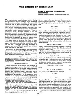 The Origins of Beer's Law - Heinz G. Pfeiffer and Herman A. Liebhafsky - General Electric Company, Schenectady, New York - pag. 123