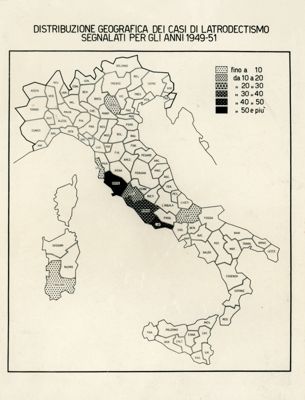 Tav. 91 - Cartogramma riguardante la Distribuzione Geografica dei Casi di Latrodectismo Segnalati per gli Anni 1949-51