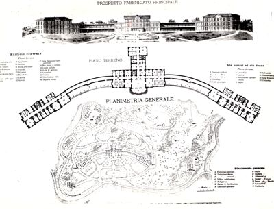 Planimetria generale, prospetto fabbricato principale e facciata generale di un grande sanatorio
