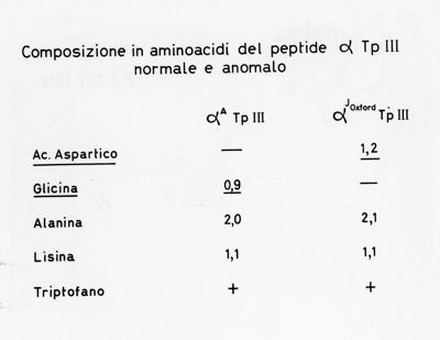 Grafici, tabelle e foto al microscopio riguardanti la composizione del peptide alfa Tp III normale e anomalo